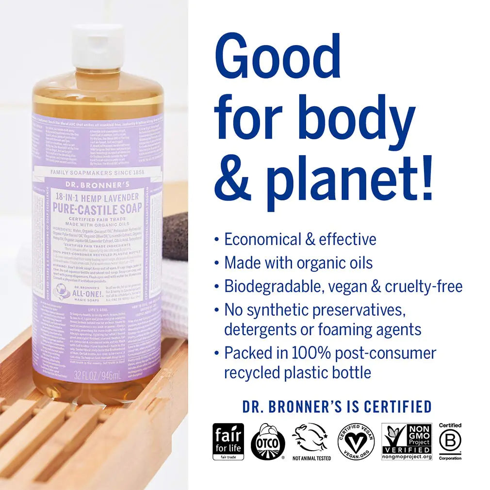 Dr. Bronner's - Pure-Castile Liquid Soap (Lavender, 16 ounce) - Made with Organic Oils, 18-in-1 Uses: Face, Body, Hair, Laundry, Pets & Dishes, Concentrated, Vegan, Non-GMO Lavender 16 Fl Oz (Pack of 1)