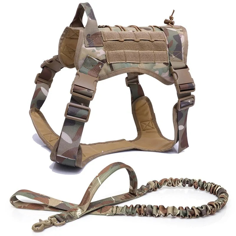 Nylon Tactical Dog Harness with Handle & Bungee Leash for Large Dogs